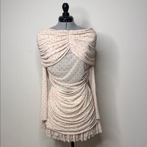 AFRM Long Sleeve Mesh Pink Polka Dot Cream Ruched Mini Dress XXL NWT